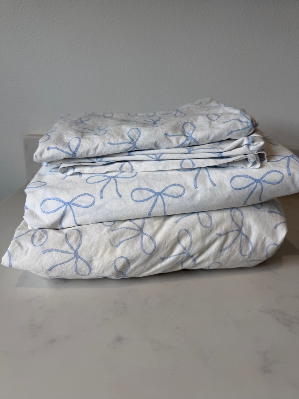 PB Teen, Queen Size Cotton Bow-Print Sheet Set, Blue SEE Photos